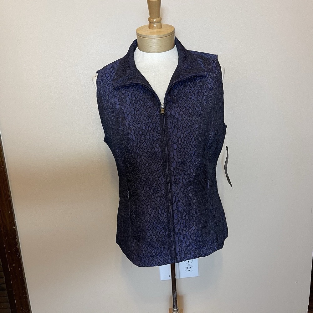 NEW Erin London Navy Blue Textured Scale Print Full Zip Vest Leopard Lined S
